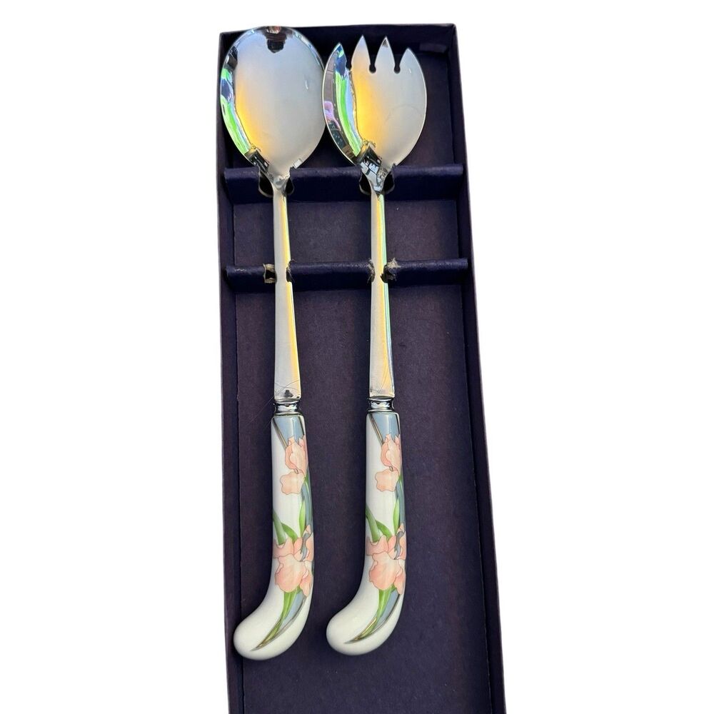 Vintage Sheffield England Stainless Floral Steel Serving Set 2 Porcelain Handle